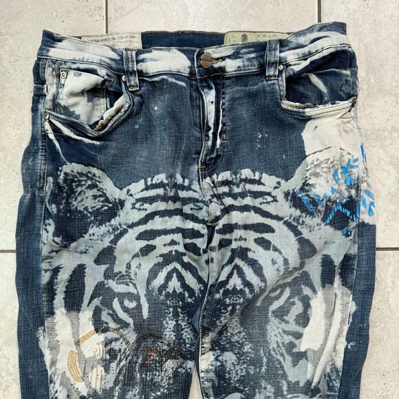 VTG Y2K Industrial Indigo Jeans 38x34 Tiger Rhinestone Distressed Art To Wear - Picture 3 of 7